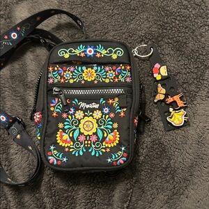 Embroidered Black Crossbody Bag with Colorful Floral Motif